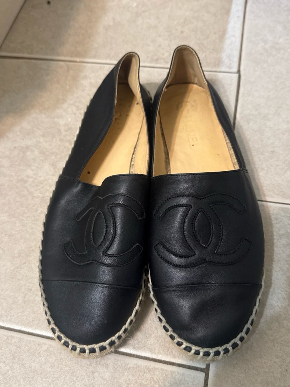 CHANEL Black Leather Espadrille Slip-Ons with Interlocking CC